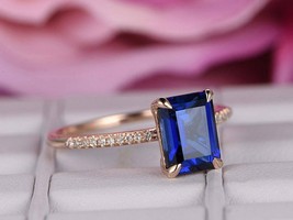 1.24Ct Emerald Cut Blue Sapphire Solitaire Engagement Ring 14k Rose Gold Finish - £69.48 GBP