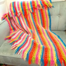Handmade Neon afghan lap throw blanket rainbow stripes bright colors fringe - $21.00