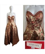 Victor Costa 1980&#39;s Gold Red Lame Brocade Strapless Holiday Evening Gown... - $440.55