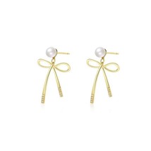 Fashion Bow-Knot Shell Pearls 18K Yellow Gold Plated Silver Dangle Earrings - £40.73 GBP