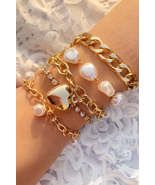 Gold 5Pcs Pearl Heart Diamond Bracelet Set - £17.02 GBP