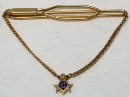 Masonic Tie Bar Clip Chain Gold Color Metal Blue Enamel G Square Compass - £9.67 GBP