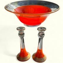 Vintage Boho Czech Art Glass Hand Blown Candlestick Holders, Orange w/10” bowl - £81.69 GBP