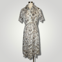 Vintage 1940s Shirt Dress Floral Short Sleeve Medium Cotton Handmade B136 - £96.55 GBP