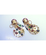 Signed Lunch at the Ritz 80s Aztec Jeweled Mayan Dangle Pierced Earrings - £91.67 GBP