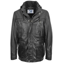 DR192 Men&#39;s Leather Parka Detachable Hoodie Black - £150.40 GBP