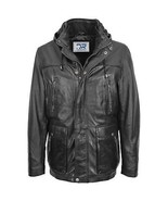 DR192 Men&#39;s Leather Parka Detachable Hoodie Black - £149.81 GBP