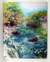 Lynne Heffner: Untitled - Stream with Flowers Oil Painting 1965 SIgned - £941.45 GBP