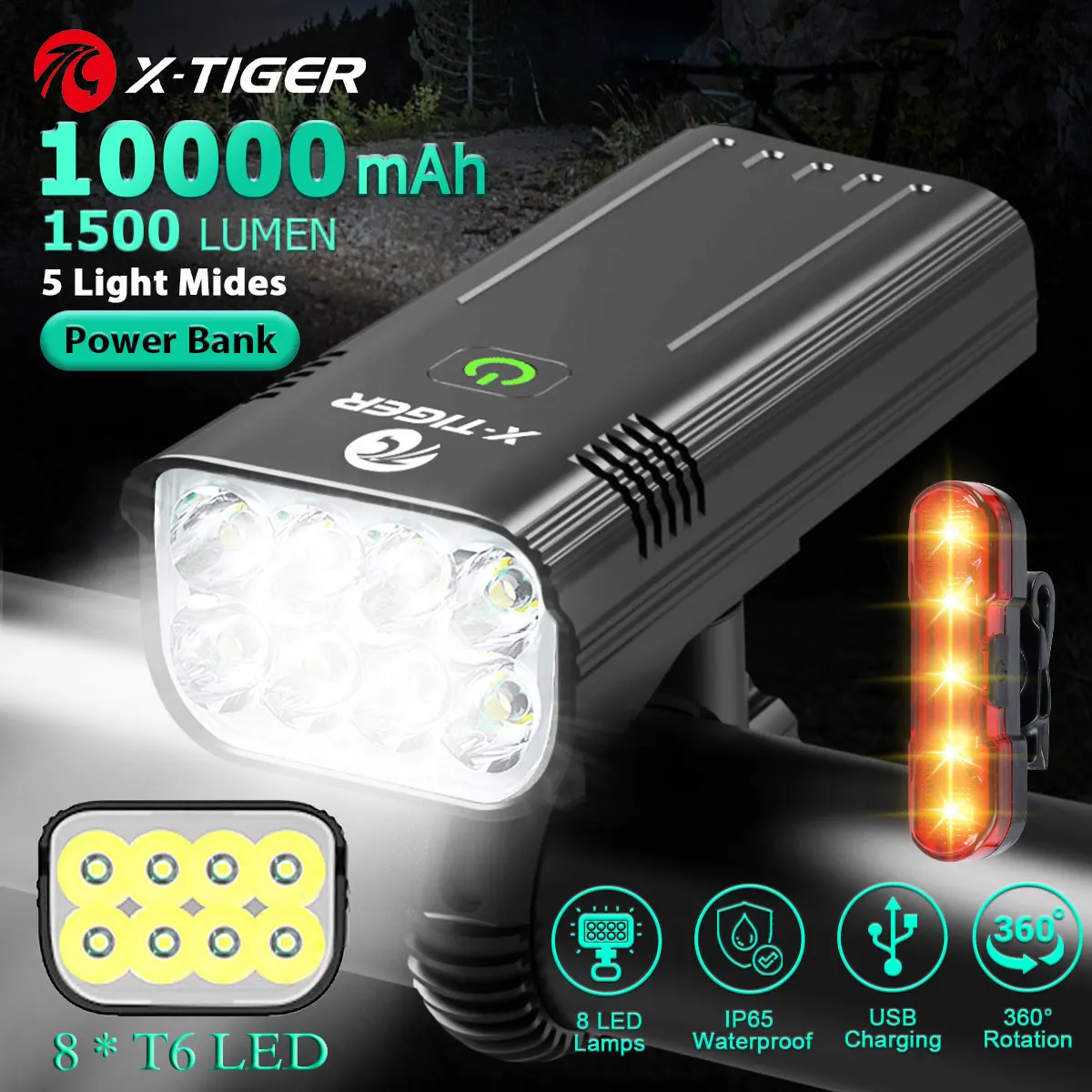 Ight set usb rechargeable powerful bicycle front headlight back taillight 5 light modes thumb200