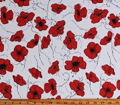 Cotton Poppies on White Red Poppy Flowers Floral Fabric Print BTY D413.30 - £13.76 GBP