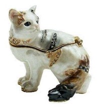 Jeweled Enameled Pewter White Cat Hinged Trinket Jewelry Box by Terra Co... - $26.71
