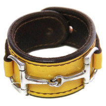Equestrian Horse Bit Leather Wide Cuff Bracelet Silver Hardware, YELLOW - $59.97