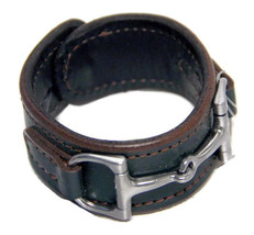 Equestrian Horse Bit Leather Wide Cuff Bracelet Silver Hardware, HUNTER GREEN - $59.97