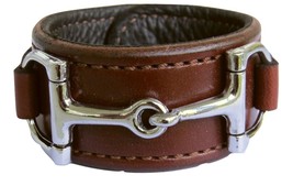 Equestrian Horse Bit Leather Wide Cuff Bracelet Silver Hardware, BROWN - £46.96 GBP