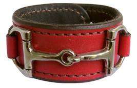 Equestrian Horse Bit Leather Wide Cuff Bracelet Silver Hardware, RED - $59.97