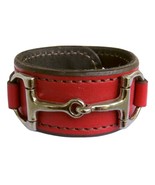 Equestrian Horse Bit Leather Wide Cuff Bracelet Silver Hardware, RED - £47.92 GBP