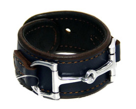 Equestrian Horse Bit Leather Wide Cuff Bracelet Silver Hardware, BLUE - $59.97