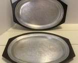 2 Vintage Metal Oval Steak Plates with Fitted Black Plastic Trays Mr Bar... - $21.97