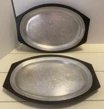 2 Vintage Metal Oval Steak Plates with Fitted Black Plastic Trays Mr Bar B Q - £17.56 GBP