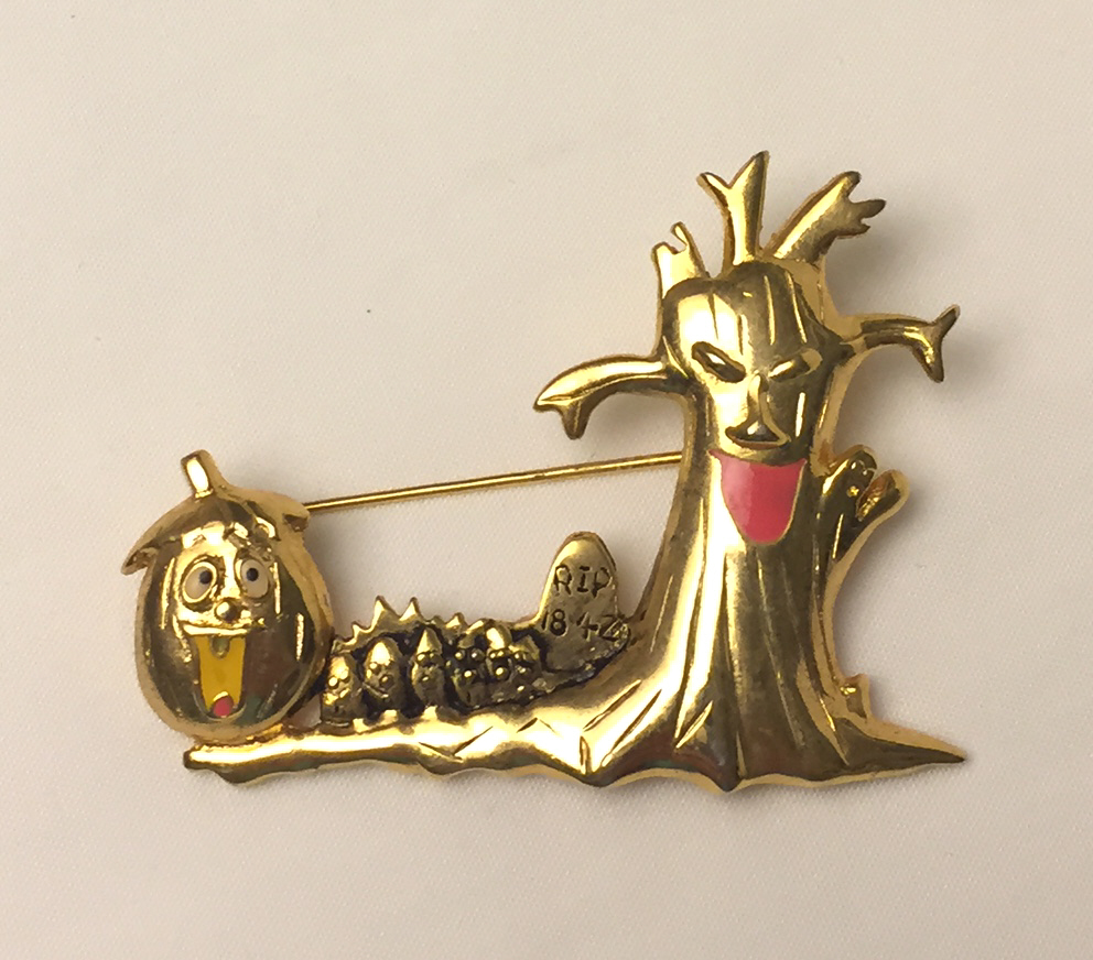 Halloween brooch graveyard pumpkin spooky tree gold tone metal pin - $3.00