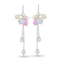 Cluster Crystal &amp; Cultured Freshwater Pearl Sterling Silver Dangle Earrings - £13.32 GBP