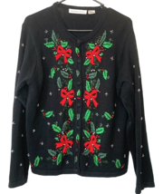 Victoria Jones Christmas Sweater Black Embroidered Mistletoes and Red Bows M VTG - £16.51 GBP