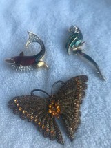 Brooch Pin  lot 3 Dolphin Parrot 3 inch costume jewelry   rhinestone gold tone - £10.14 GBP