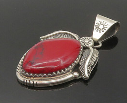 SOUTHWESTERN 925 Silver  - Vintage Cabochon Red Jasper Floral Pendant - PT13807 - £68.79 GBP