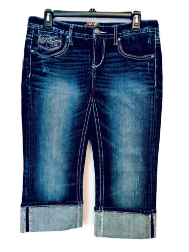 Maurices Womens Size 7/8 Dark Wash Bold Stitch Whiskered Cuffed Boho Jea... - $19.95