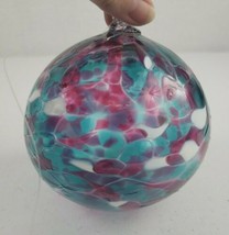Nwot Kitras Calico Hand Blown Glass Friendship Ball Pink &amp; Teal w/ White Accents - £51.31 GBP