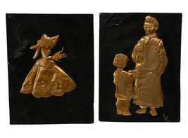 Vintage Old Man &amp; Boy + Girl In Bonnet Sheet Copper &amp; Black Relief Art 6”x4.5” - £9.80 GBP