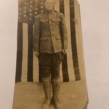 Pre WW1 Original VTG PHOTO RPPC  Soldier US FLAG Post Card - £6.32 GBP
