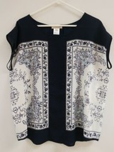 KENAR XL Navy Ivory Sleeveless Panel Print Sheer Blouse - £7.81 GBP