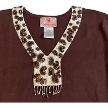 Quacker Factory Embellished Top Womens Large Brown Tunic V Neck Beaded Tassel - £18.64 GBP