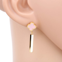 Gold Tone Earrings With Colorful Faux Rose Quartz Clover &amp; Dangling Bar - $24.99