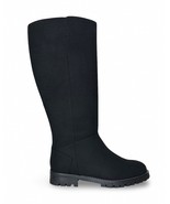 Women black tall boots vegan suede flats high knee zipper casual office dress - $214.17