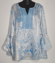 Susan Graver Womens Blouse Top Shirt Sz 16 Blue Paisley Bell Sleeves Cut V Neck - £21.22 GBP