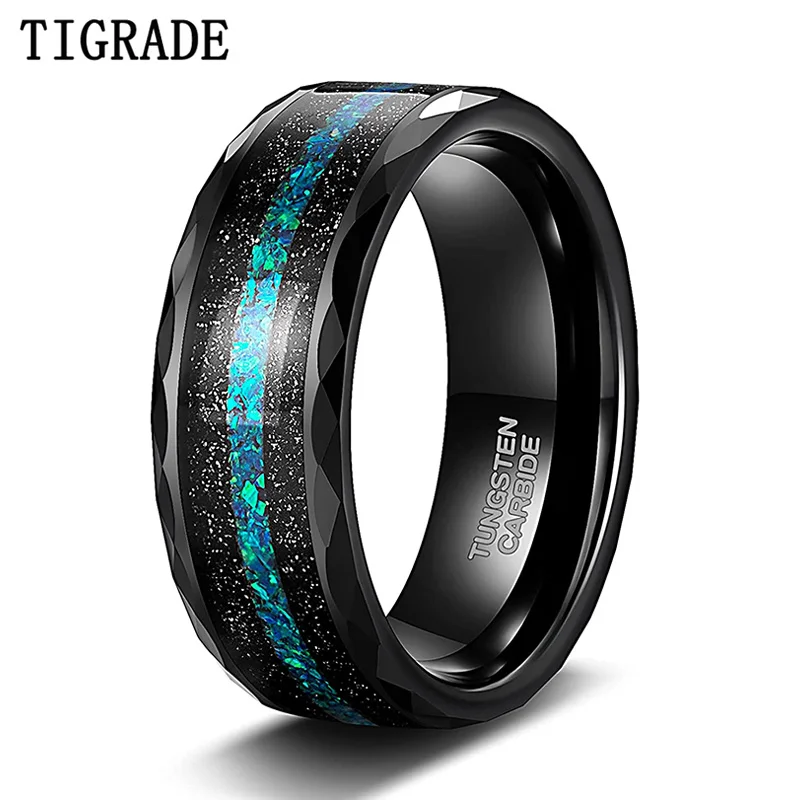 8MM Tungsten Mens Wedding Bands Multi-Faceted Edge with Black Sand and Green-Blu - £24.70 GBP