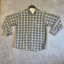 Columbia Mens L Long Sleeve Button Up Blue Tan Plaid Flannel Shirt - $15.99
