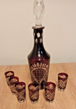 Buzau Perla Lux .six damask glasses and a decanter.Crystal Ground Ruby Red 1960s - £92.79 GBP