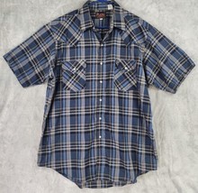 Plains Western Wear Shirt Mens Large Blue Plaid Cowboy Pearl Snap Short Sleeve - £17.98 GBP