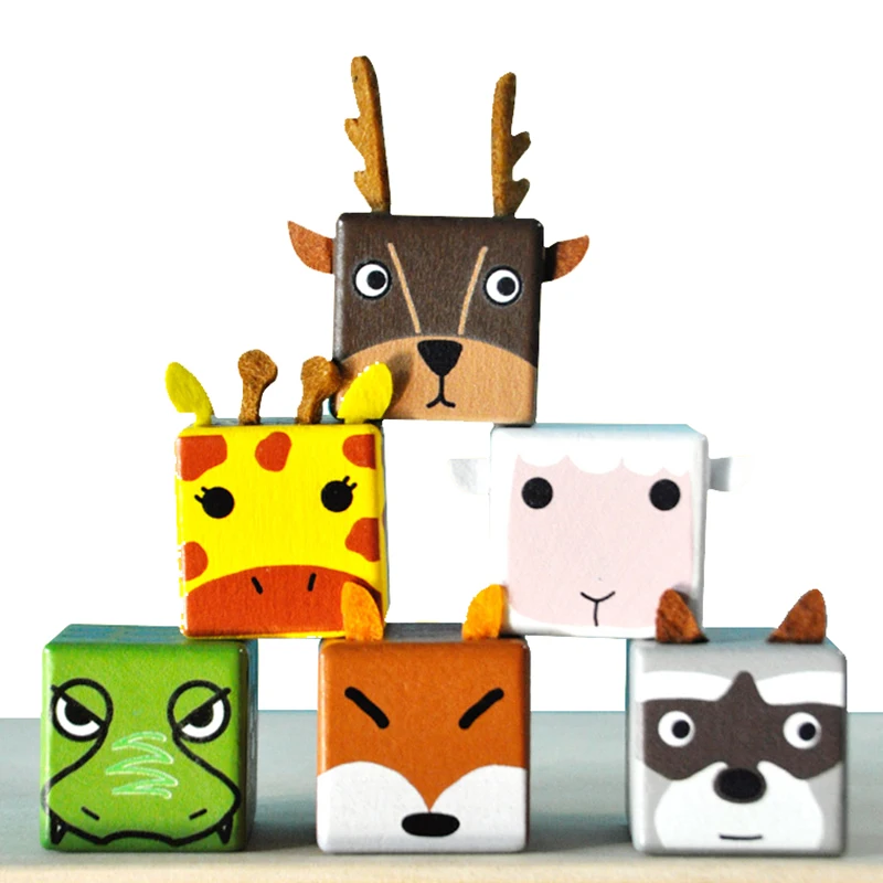 Mini Animal Blocks Wooden Toys For Baby Cartoon 3D Cube Hand Grip Training Early - £9.83 GBP