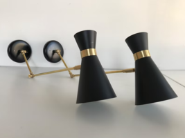 SCONCES-GUARCHE Pair Lamp Lights - White &amp; Brass Stilnovo Eames Arteluce Mid Cen - £261.53 GBP