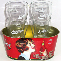 Coca Cola Glasses Oval Tub Clear Glass Enjoy Coke in Bottles Tin Lot of 4 - £47.14 GBP