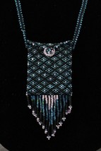Artisan Jewelry Beaded WICCA Amulet Bag Aqua Blue Pattern Necklace Liz S... - £47.88 GBP