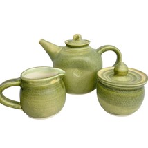 Studio Art Pottery Tea Set Teapot Sugar Bowl &amp; Creamer Green G Lynt Glynt Signed - £56.75 GBP