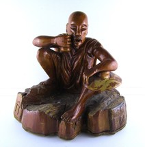 Vintage Hand Carved Wooden Chinese Statue Drinking Man Signed 12&quot; Solid Piece - £53.70 GBP