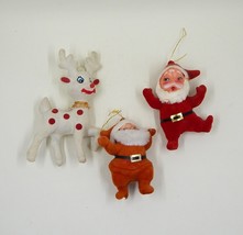 Flocked Christmas Plastic Santa Claus Reindeer Ornaments VTG Kitsch Lot of 3 - £19.80 GBP