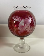 VTG Cranberry Red Cut to Clear Glass Pedestal Ivy Ball Vase Ruffled Stained - £15.33 GBP