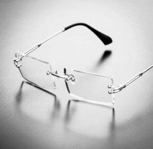 Men&#39;s Rimless Vintage Retro Rectangle Silver Clear Lens Fashion Hip Hop Glasses - £13.10 GBP